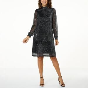 NINA LEONARD • Black + Silver Metallic Overlay Cocktail Dress